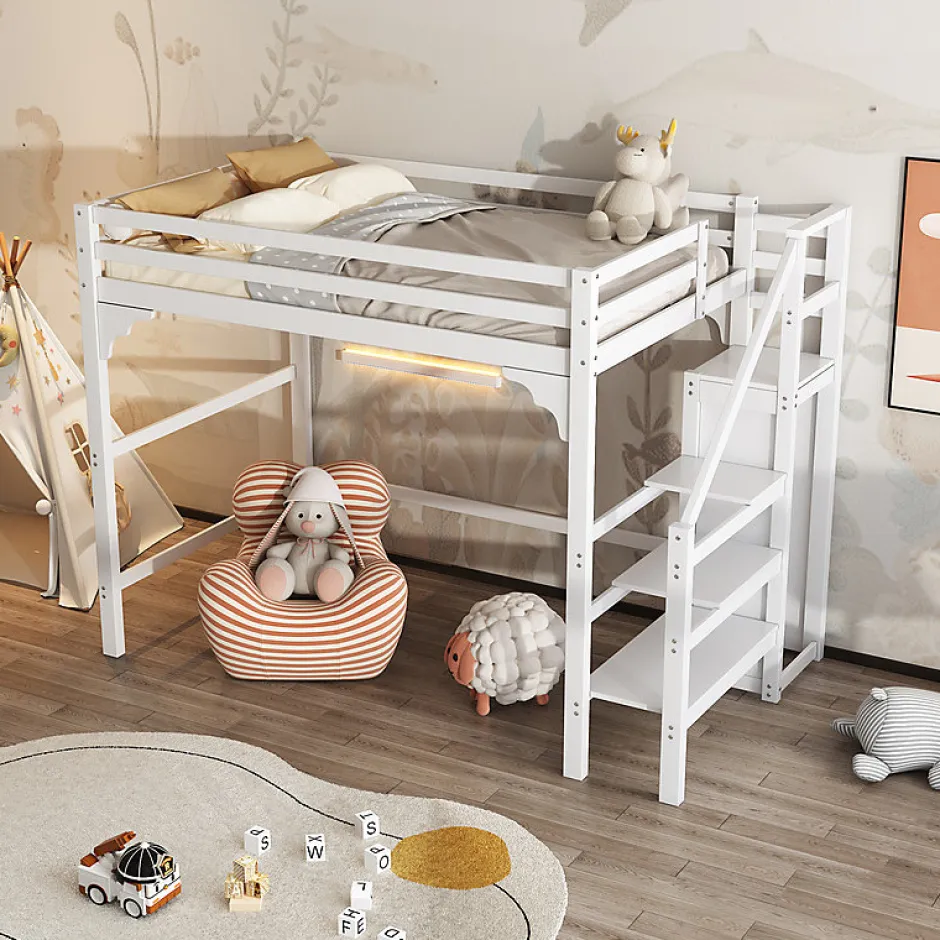 Aapaas Lit mezzanine 140x200 cm blanc avec sommier, echelle, armoire et rangement integre pour chambre d adolescent Online