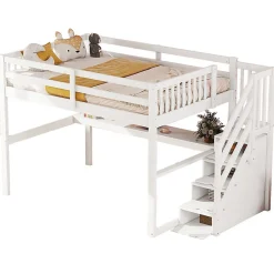 Aapaas Lit mezzanine 140x200 cm blanc avec tiroirs de rangement et bureau intégré sous le lit pour enfant Hot