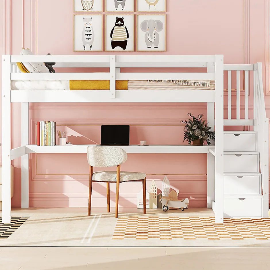 Aapaas Lit mezzanine 140x200 cm blanc avec tiroirs de rangement et bureau intégré sous le lit pour enfant Hot