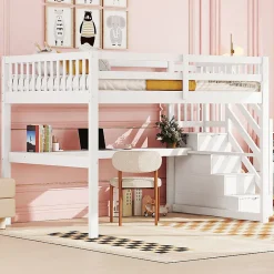 Aapaas Lit mezzanine 140x200 cm blanc avec tiroirs de rangement et bureau intégré sous le lit pour enfant Hot