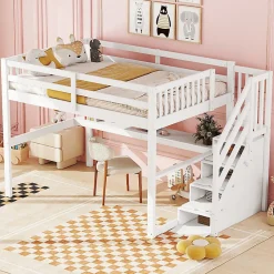 Aapaas Lit mezzanine 140x200 cm blanc avec tiroirs de rangement et bureau intégré sous le lit pour enfant Hot