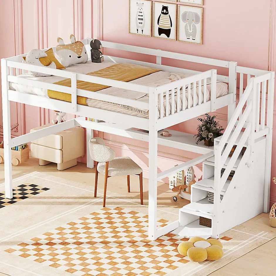 Aapaas Lit mezzanine 140x200 cm blanc avec tiroirs de rangement et bureau intégré sous le lit pour enfant Hot