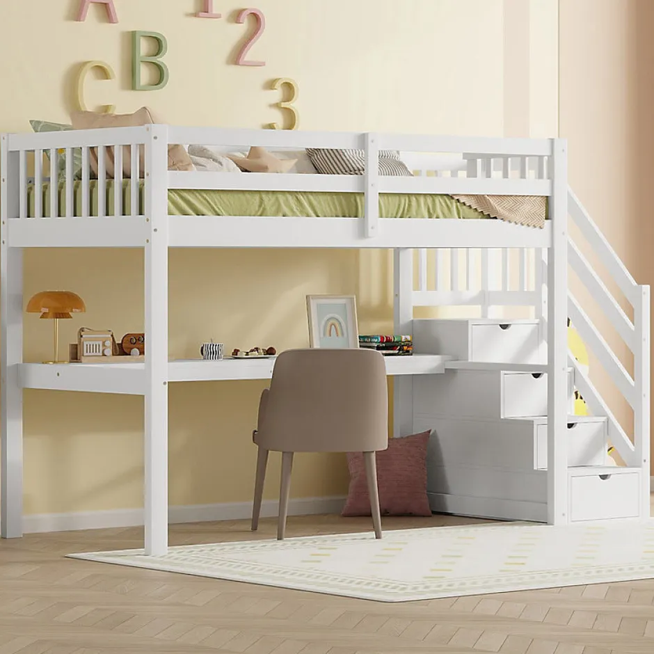 Enfant Aapaas Lit mezzanine 90x200 cm blanc avec tiroirs de rangement et bureau intégré sous le lit pour enfant