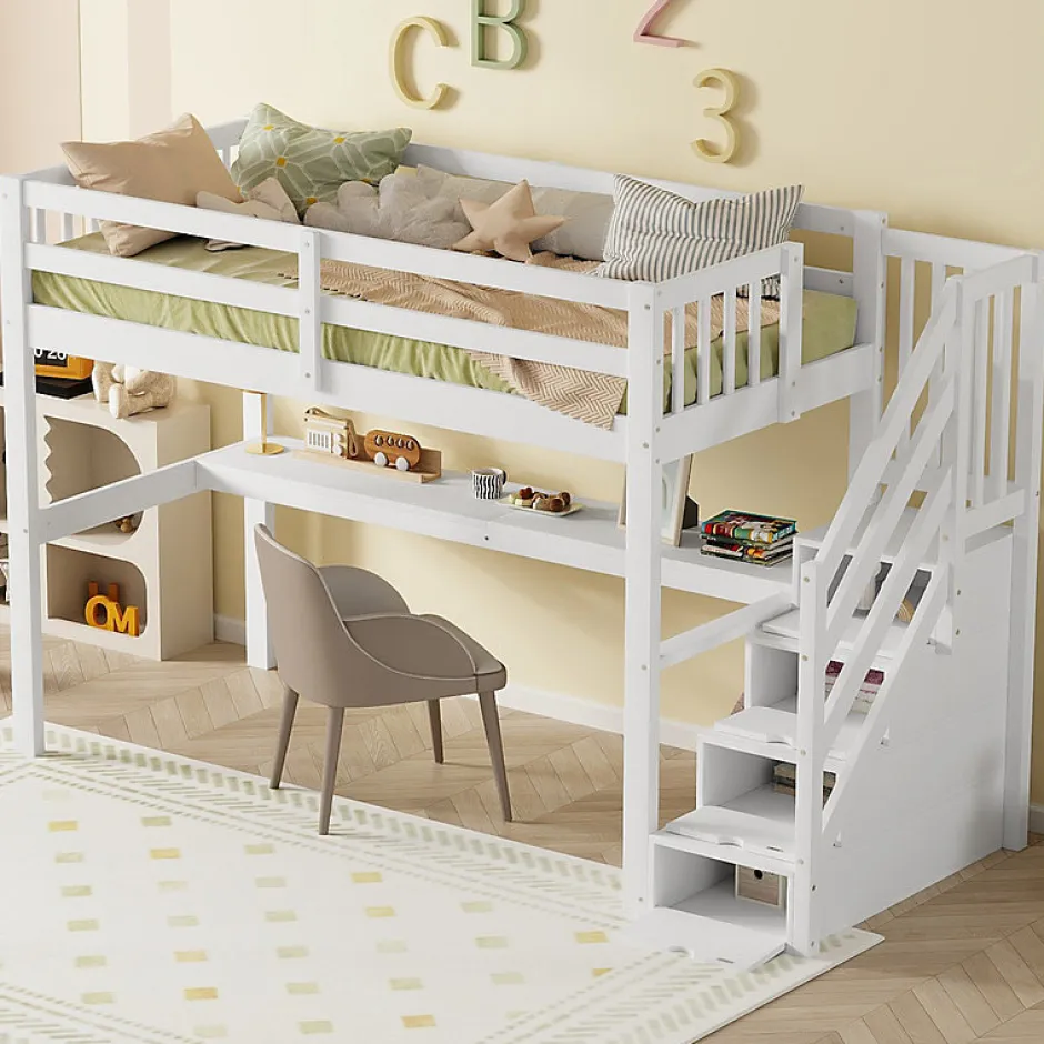 Enfant Aapaas Lit mezzanine 90x200 cm blanc avec tiroirs de rangement et bureau intégré sous le lit pour enfant
