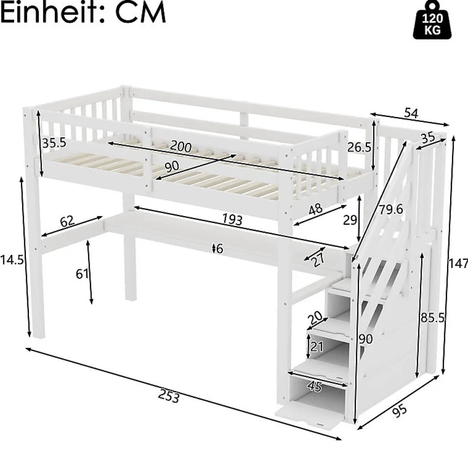 Enfant Aapaas Lit mezzanine 90x200 cm blanc avec tiroirs de rangement et bureau intégré sous le lit pour enfant