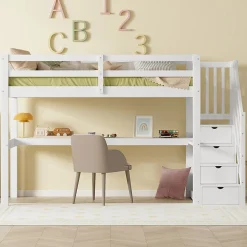 Enfant Aapaas Lit mezzanine 90x200 cm blanc avec tiroirs de rangement et bureau intégré sous le lit pour enfant