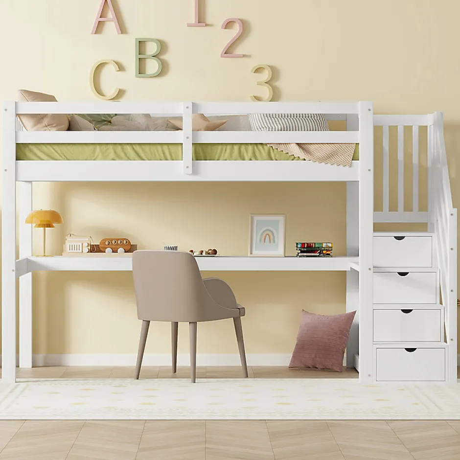 Enfant Aapaas Lit mezzanine 90x200 cm blanc avec tiroirs de rangement et bureau intégré sous le lit pour enfant