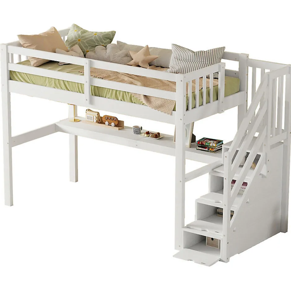 Enfant Aapaas Lit mezzanine 90x200 cm blanc avec tiroirs de rangement et bureau intégré sous le lit pour enfant