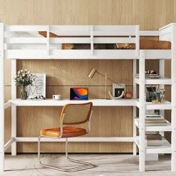 Enfant Aapaas Lit mezzanine 90x200 cm blanc sans matelas avec bureau integre et etageres pour chambre denfant