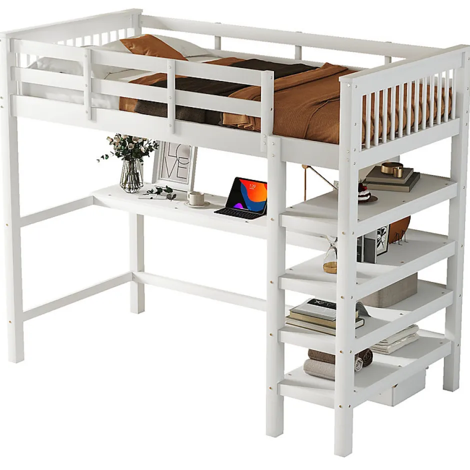 Enfant Aapaas Lit mezzanine 90x200 cm blanc sans matelas avec bureau integre et etageres pour chambre denfant
