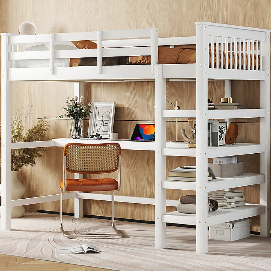 Enfant Aapaas Lit mezzanine 90x200 cm blanc sans matelas avec bureau integre et etageres pour chambre denfant