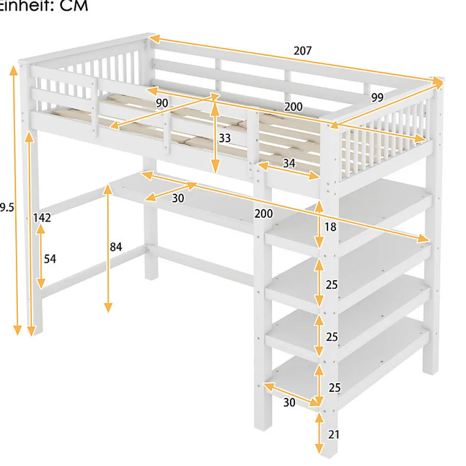 Enfant Aapaas Lit mezzanine 90x200 cm blanc sans matelas avec bureau integre et etageres pour chambre denfant