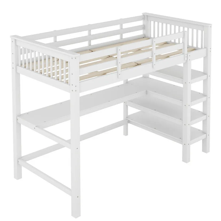 Enfant Aapaas Lit mezzanine 90x200 cm blanc sans matelas avec bureau integre et etageres pour chambre denfant