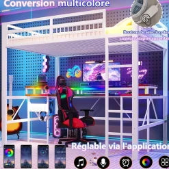 Okwish Lit Mezzanine 140x200 cm -Bureau Intégré, Éclairage LED Réglable, Panneau Perforé, Ports USB, Type-C et 2 Prises - Métal/MDF Blanc Discount