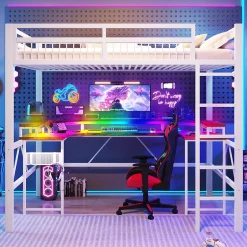 Okwish Lit Mezzanine 140x200 cm -Bureau Intégré, Éclairage LED Réglable, Panneau Perforé, Ports USB, Type-C et 2 Prises - Métal/MDF Blanc Discount