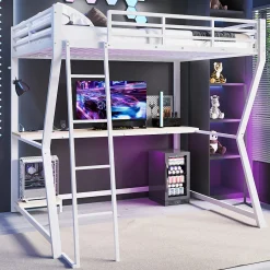 Okwish Lit mezzanine 140x200 cm déco avec bureau intégré, prises USB et LED, escalier sécurisé, métal+MDF blanc, sans matelas