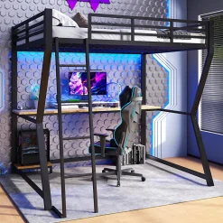 Okwish Lit mezzanine 140x200 cm déco avec bureau intégré, prises USB et LED, escalier sécurisé, métal+MDF noir, sans matelas