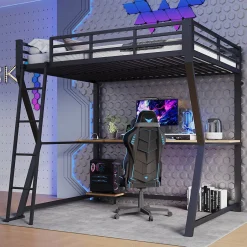 Okwish Lit mezzanine 140x200 cm déco avec bureau intégré, prises USB et LED, escalier sécurisé, métal+MDF noir, sans matelas
