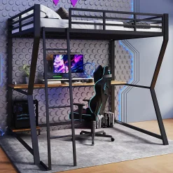 Okwish Lit mezzanine 140x200 cm déco avec bureau intégré, prises USB et LED, escalier sécurisé, métal+MDF noir, sans matelas