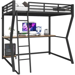 Okwish Lit mezzanine 140x200 cm déco avec bureau intégré, prises USB et LED, escalier sécurisé, métal+MDF noir, sans matelas