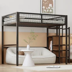 Okwish Lit mezzanine 140x200 cm double avec rangement et échelle de sécurité, structure métal et MDF noir, montage inclus, sans matelas