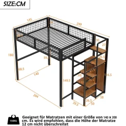 Okwish Lit mezzanine 140x200 cm double avec rangement et échelle de sécurité, structure métal et MDF noir, montage inclus, sans matelas