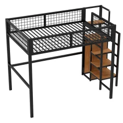 Okwish Lit mezzanine 140x200 cm double avec rangement et échelle de sécurité, structure métal et MDF noir, montage inclus, sans matelas