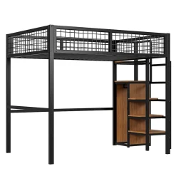 Okwish Lit mezzanine 140x200 cm double avec rangement et échelle de sécurité, structure métal et MDF noir, montage inclus, sans matelas