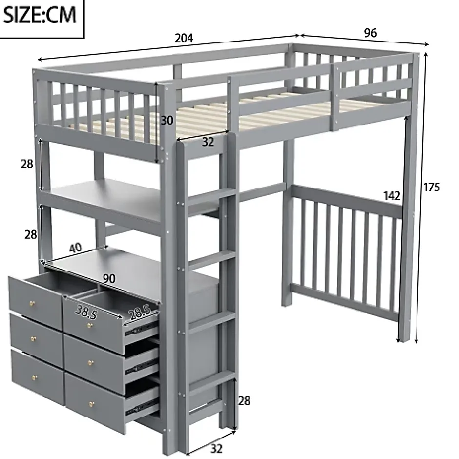 Aapaas Lit mezzanine 90x200 cm en bois de pin gris avec échelle verticale tiroirs étagères et sommier à lattes