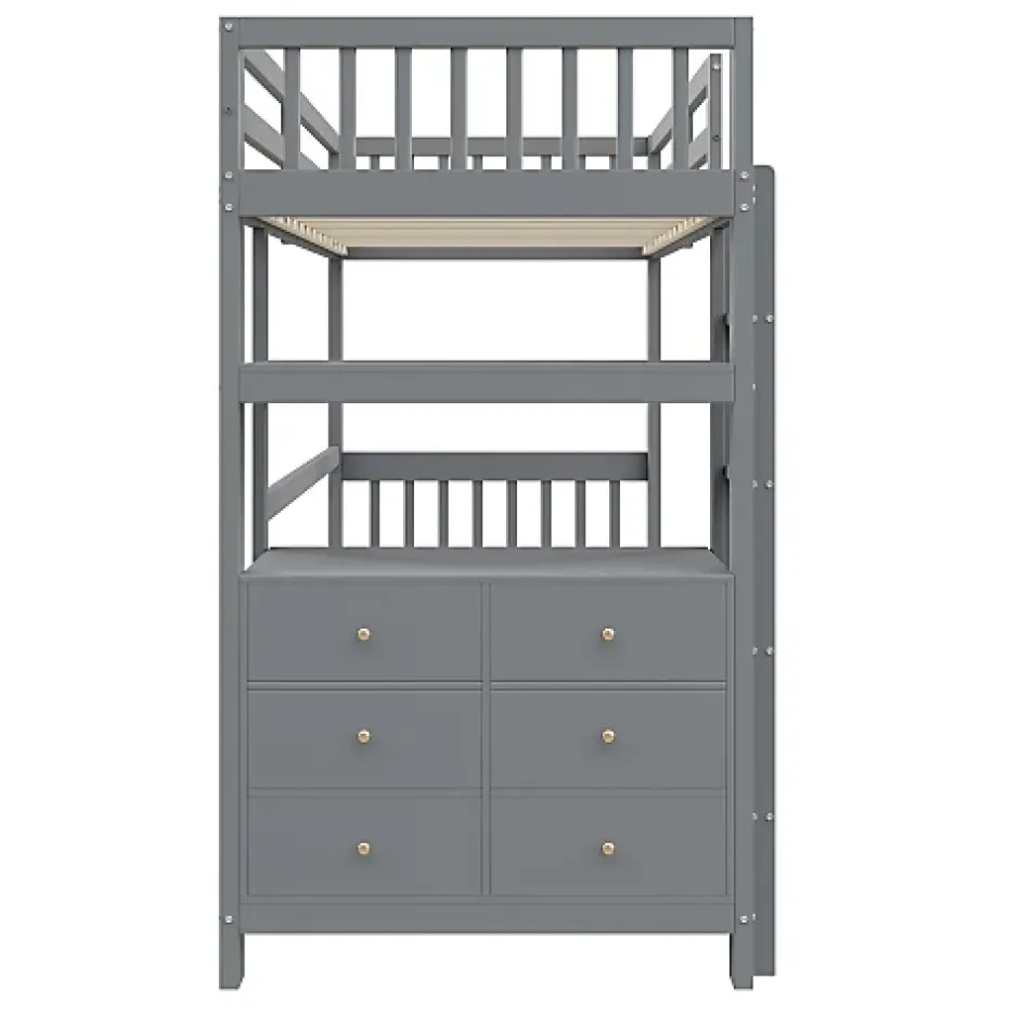 Aapaas Lit mezzanine 90x200 cm en bois de pin gris avec échelle verticale tiroirs étagères et sommier à lattes
