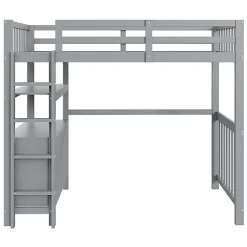 Aapaas Lit mezzanine 90x200 cm en bois de pin gris avec échelle verticale tiroirs étagères et sommier à lattes