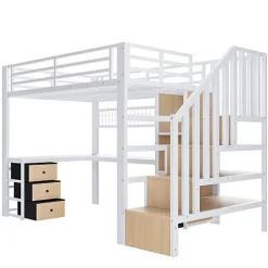 ModernLuxe Lit mezzanine 90x200 cm en fer - Compartiments de rangement - 4 tiroirs - LED - Bureau et escalier - Blanc (sans matelas) New