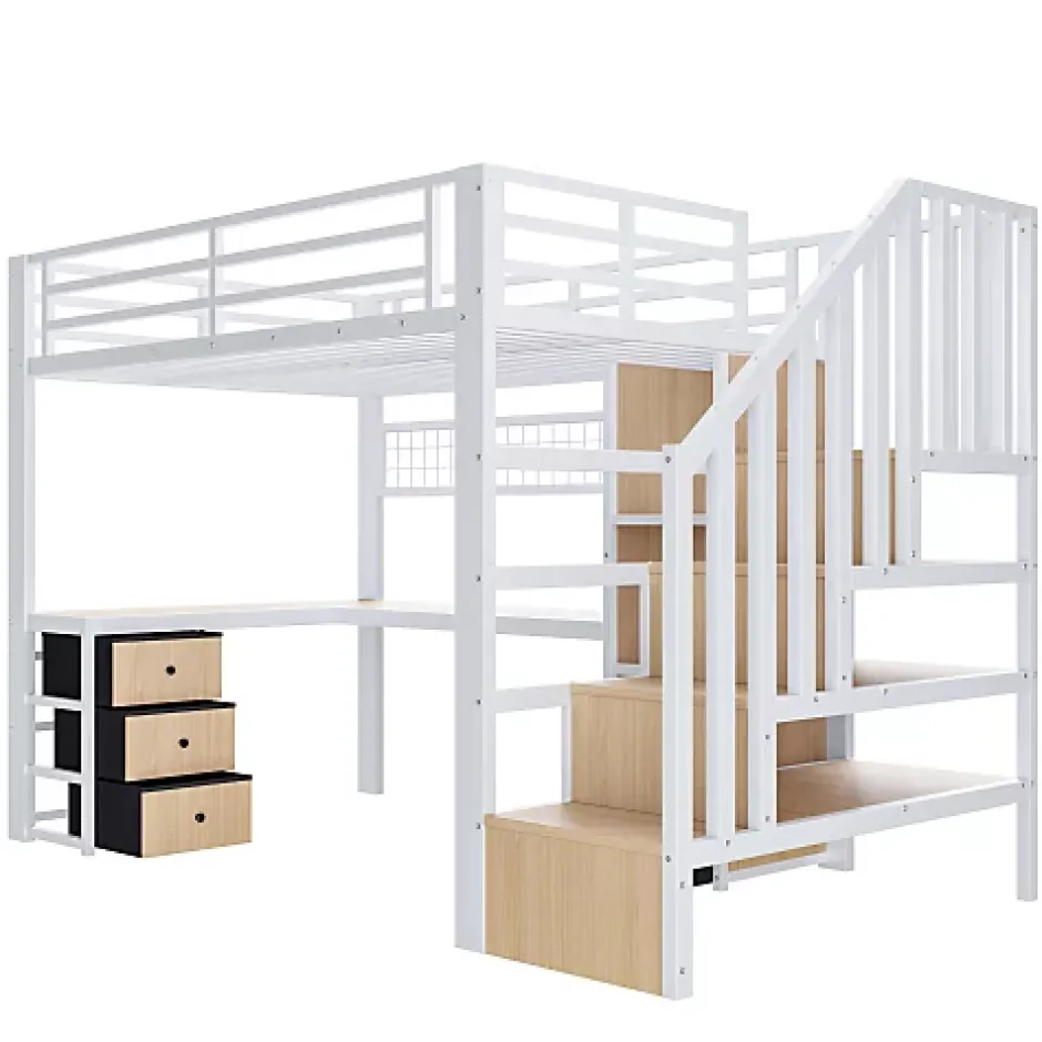 ModernLuxe Lit mezzanine 90x200 cm en fer - Compartiments de rangement - 4 tiroirs - LED - Bureau et escalier - Blanc (sans matelas) New
