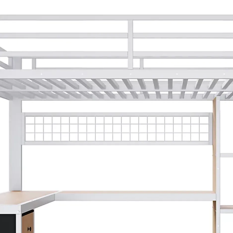 ModernLuxe Lit mezzanine 90x200 cm en fer - Compartiments de rangement - 4 tiroirs - LED - Bureau et escalier - Blanc (sans matelas) New