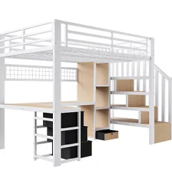 ModernLuxe Lit mezzanine 90x200 cm en fer - Compartiments de rangement - 4 tiroirs - LED - Bureau et escalier - Blanc (sans matelas) New