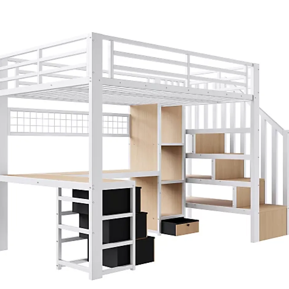 ModernLuxe Lit mezzanine 90x200 cm en fer - Compartiments de rangement - 4 tiroirs - LED - Bureau et escalier - Blanc (sans matelas) New