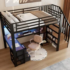 ModernLuxe Lit mezzanine 90x200 cm en fer - Compartiments de rangement - 4 tiroirs - LED - Bureau et escalier - Noir (sans matelas)
