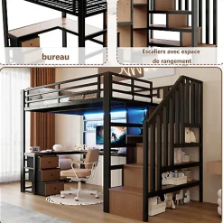 ModernLuxe Lit mezzanine 90x200 cm en fer - Compartiments de rangement - 4 tiroirs - LED - Bureau et escalier - Noir (sans matelas)