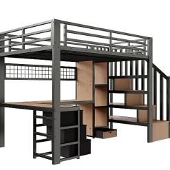ModernLuxe Lit mezzanine 90x200 cm en fer - Compartiments de rangement - 4 tiroirs - LED - Bureau et escalier - Noir (sans matelas)