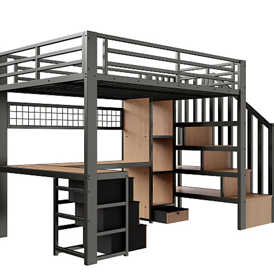 ModernLuxe Lit mezzanine 90x200 cm en fer - Compartiments de rangement - 4 tiroirs - LED - Bureau et escalier - Noir (sans matelas)