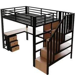 ModernLuxe Lit mezzanine 90x200 cm en fer - Compartiments de rangement - 4 tiroirs - LED - Bureau et escalier - Noir (sans matelas)