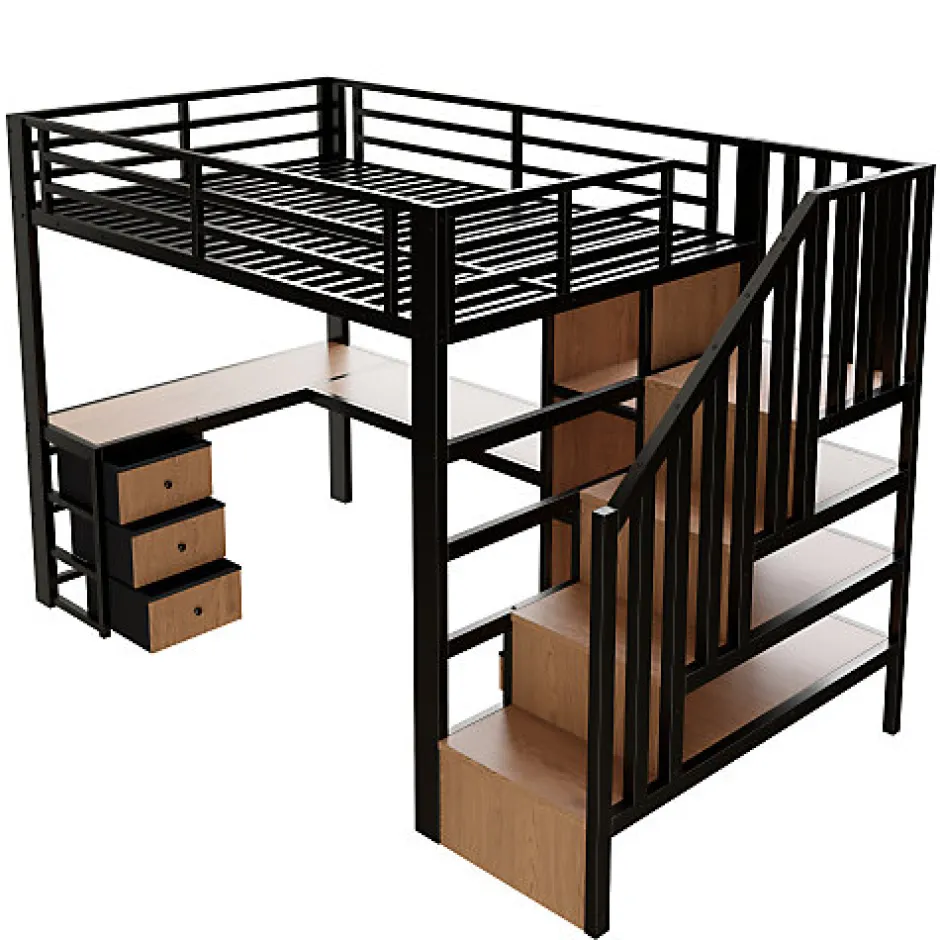 ModernLuxe Lit mezzanine 90x200 cm en fer - Compartiments de rangement - 4 tiroirs - LED - Bureau et escalier - Noir (sans matelas)