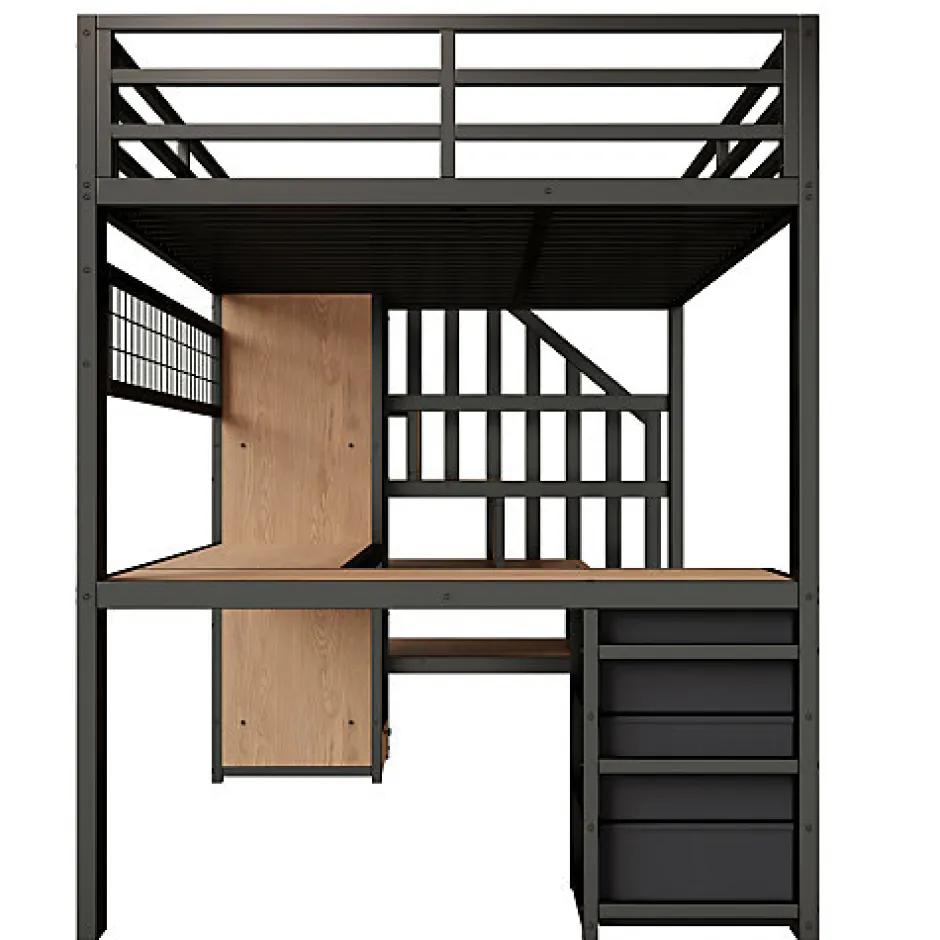 ModernLuxe Lit mezzanine 90x200 cm en fer - Compartiments de rangement - 4 tiroirs - LED - Bureau et escalier - Noir (sans matelas)