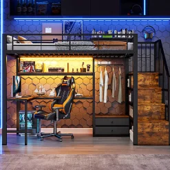 ModernLuxe Lit mezzanine 90x200 cm en fer - 2 tiroirs - Tringle à vêtements - Éclairage LED - Bureau - Noir (matelas non inclus)