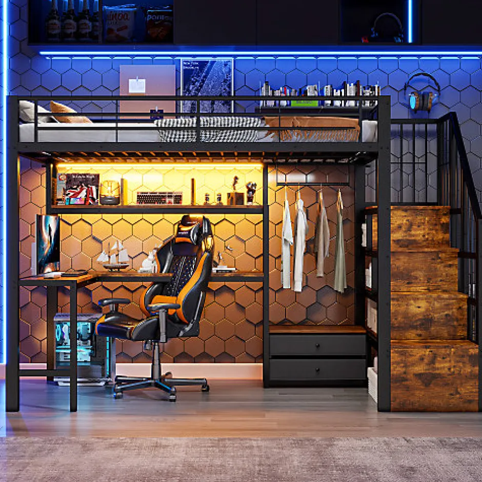 ModernLuxe Lit mezzanine 90x200 cm en fer - 2 tiroirs - Tringle à vêtements - Éclairage LED - Bureau - Noir (matelas non inclus)
