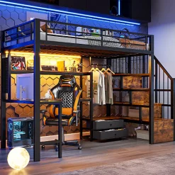 ModernLuxe Lit mezzanine 90x200 cm en fer - 2 tiroirs - Tringle à vêtements - Éclairage LED - Bureau - Noir (matelas non inclus)