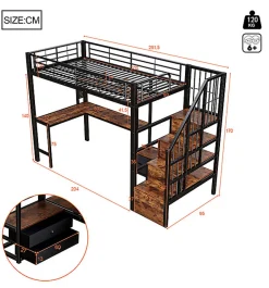 ModernLuxe Lit mezzanine 90x200 cm en fer - 2 tiroirs - Tringle à vêtements - Éclairage LED - Bureau - Noir (matelas non inclus)
