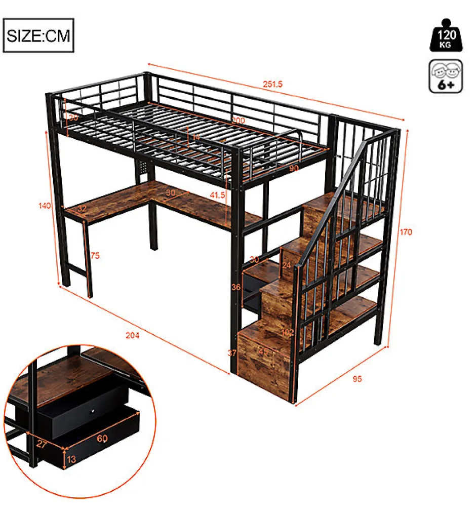 ModernLuxe Lit mezzanine 90x200 cm en fer - 2 tiroirs - Tringle à vêtements - Éclairage LED - Bureau - Noir (matelas non inclus)