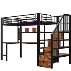 ModernLuxe Lit mezzanine 90x200 cm en fer - 2 tiroirs - Tringle à vêtements - Éclairage LED - Bureau - Noir (matelas non inclus)