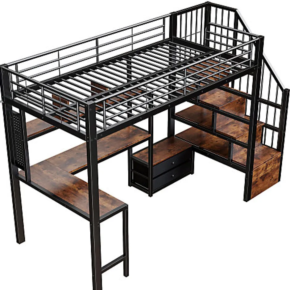 ModernLuxe Lit mezzanine 90x200 cm en fer - 2 tiroirs - Tringle à vêtements - Éclairage LED - Bureau - Noir (matelas non inclus)